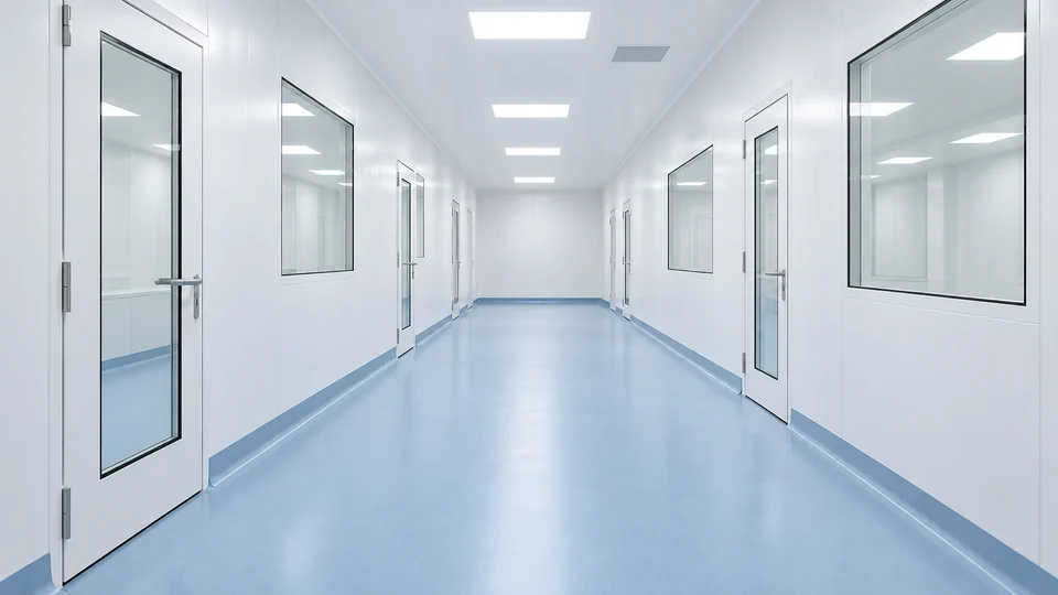 Illustrative empty cleanroom corridor with white walls, cleanroom doors and a blue seamless floor