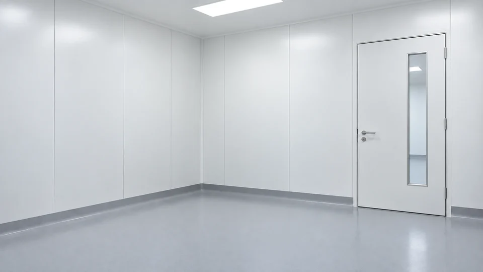 Illustrative empty cleanroom with white panels, a glazed door and grey seamless floor