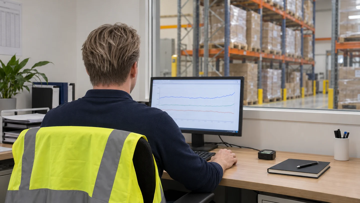 Illustrative review of temperature information at a pharmaceutical warehouse workstation.