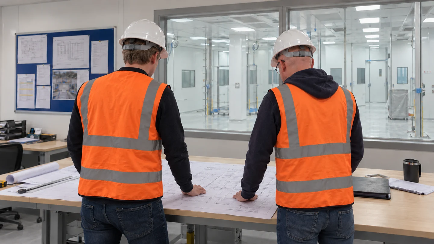 Illustrative discussion of facility drawings between two consultants wearing high-visibility clothing.