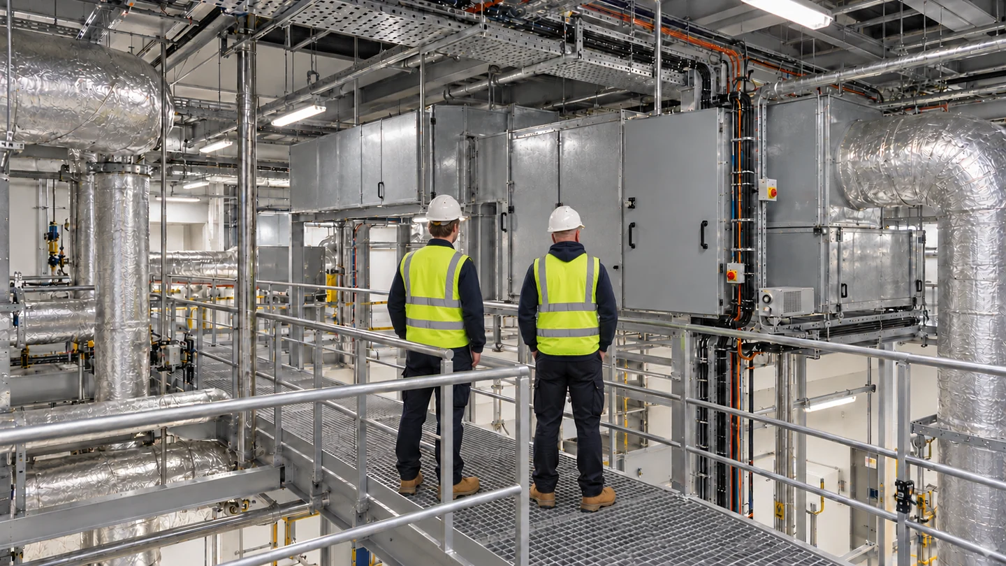 Illustrative facility review by two consultants beside mechanical equipment, utilities and service pipework.