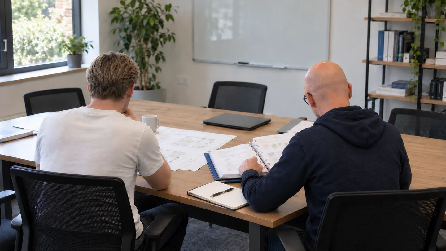 Illustrative joint review of quality records and project documentation at a meeting table.