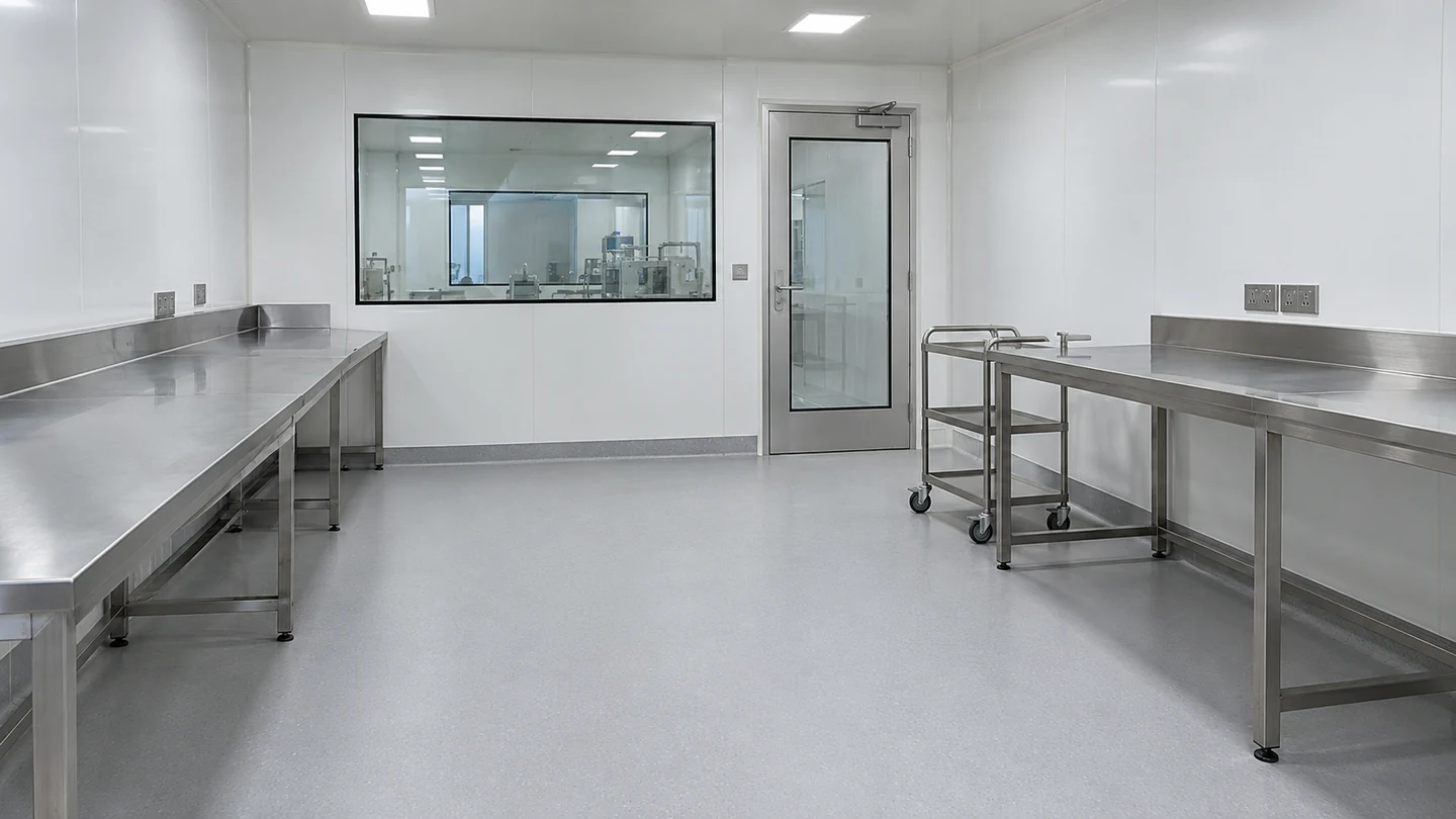 Illustrative finished cleanroom with stainless workbenches and observation windows.