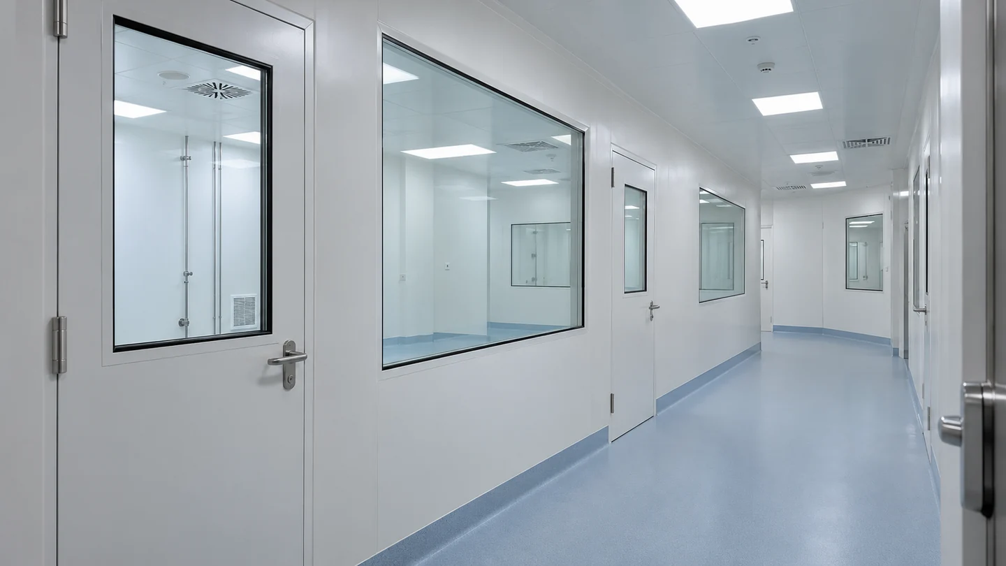Illustrative cleanroom corridor with white walls, glazed doors and observation windows.